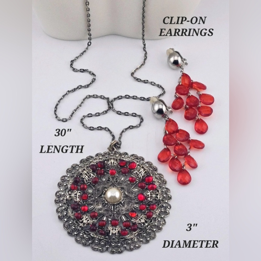 Silver and Red Pendant Necklace with Earrings